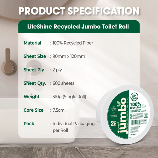 Lifeshine【310g】2ply Recycled Jumbo Toilet Roll Tissue - Image 3