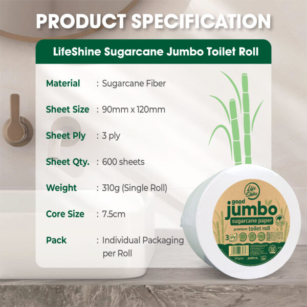 Lifeshine【310g】3ply Sugarcane Jumbo Toilet Roll Tissue - Image 3